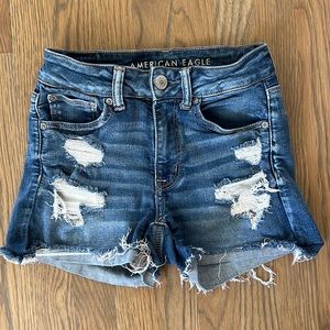 American Eagle Shortie Shorts sz 2 Women’s Hi Rise Stretch Distressed Blue Sun